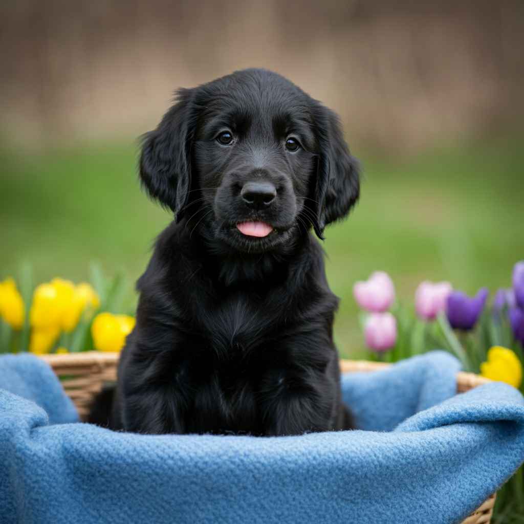 Cachorro de retriever de pelo liso en una cesta con flores de colores.