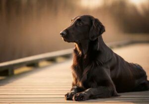 Perro retriever de pelo liso descansando sobre un puente de madera al atardecer.