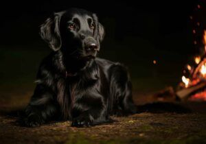 Perro retriever de pelo liso descansando junto a una fogata por la noche.