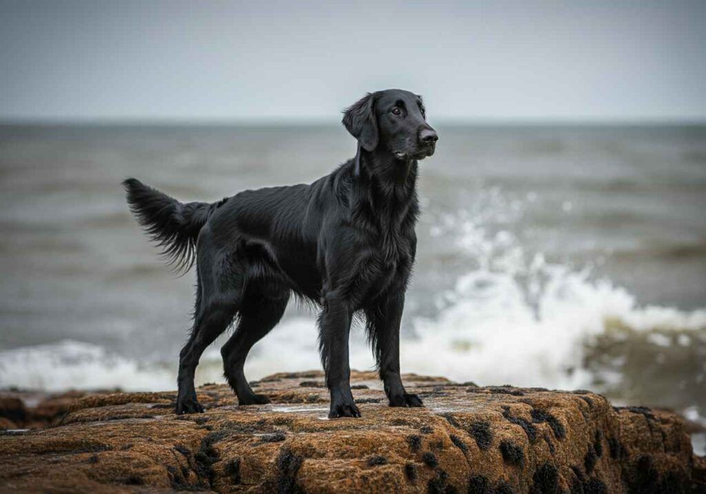 Perro retriever de pelo liso posando sobre rocas cerca del mar.
