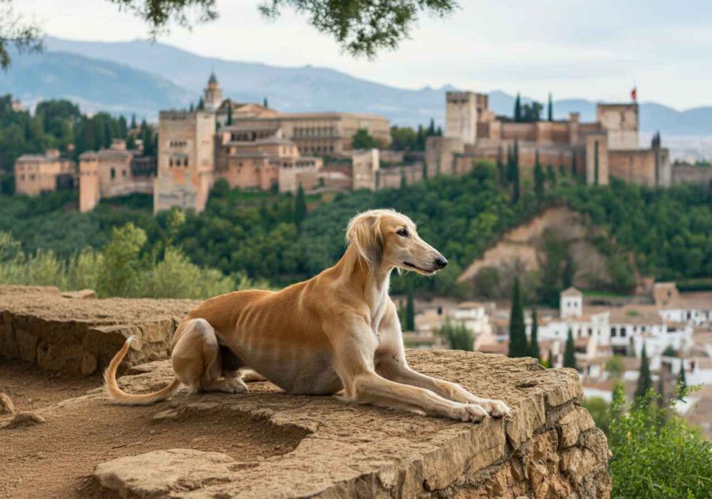 Saluki 3 Saluki descansando en un mirador con la Alhambra de fondo.