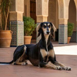 Saluki 9 Saluki negro tumbado en un patio de estilo árabe con decoración tradicional.