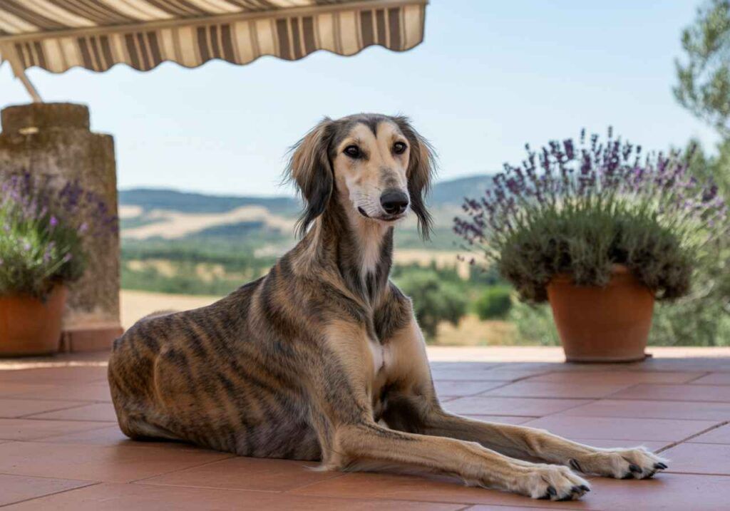 Saluki 6 Saluki de pelaje atigrado tumbado en un patio decorado con macetas de lavanda.