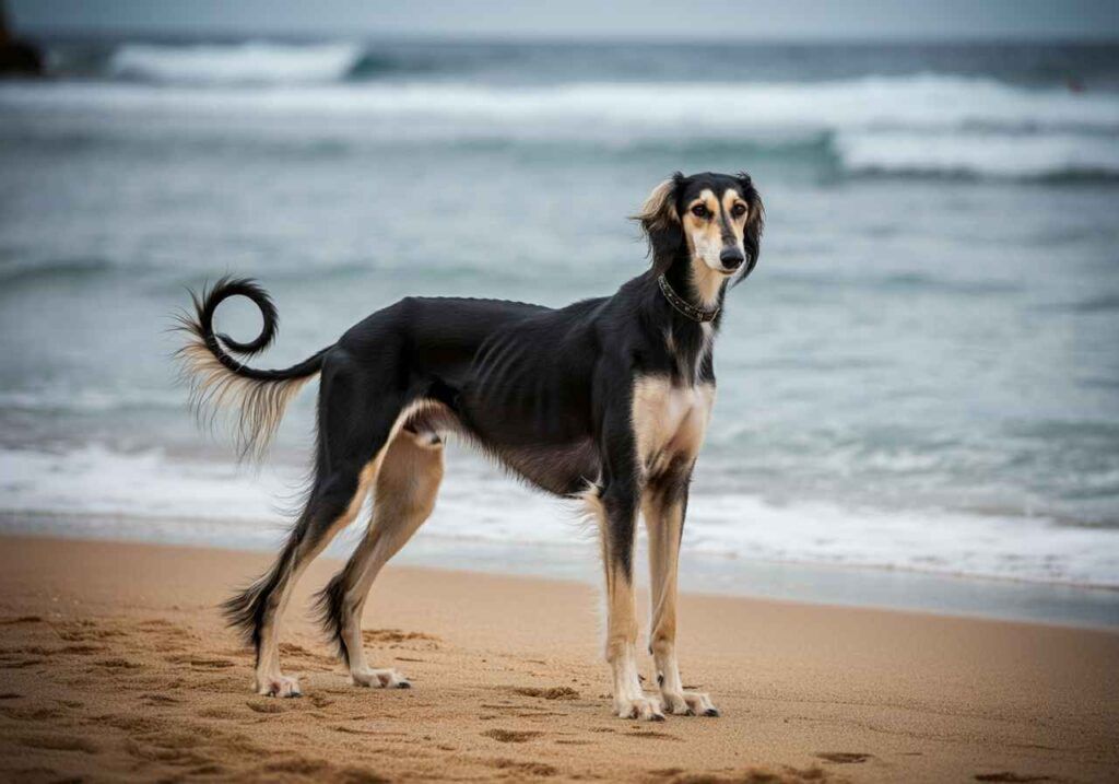 Saluki 1 Saluki de pelaje negro y crema de pie en la playa junto al mar.