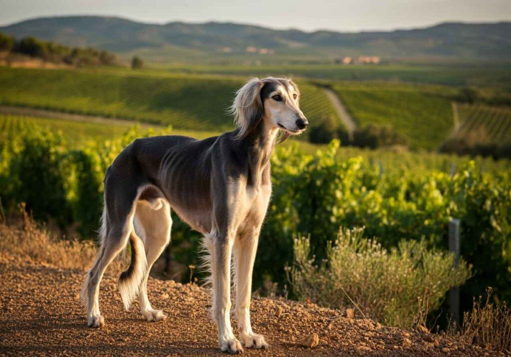 Saluki 7 Saluki posando junto a viñedos en un paisaje rural al atardecer.