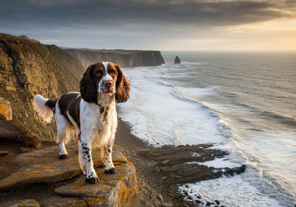 Springer Spaniel Inglés 1 Springer Spaniel Inglés de pie en un acantilado con vistas al mar.