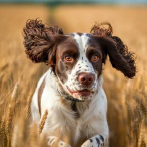 Springer Spaniel Inglés 2 Primer plano de un Springer Spaniel Inglés corriendo por un campo de trigo.