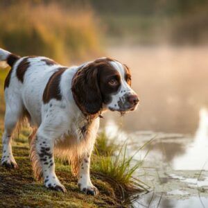 Springer Spaniel Inglés 4 Springer Spaniel Inglés de pie cerca de un lago al amanecer.