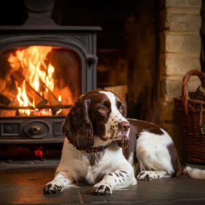 Springer Spaniel Inglés 8 Springer Spaniel Inglés descansando frente a una chimenea encendida.