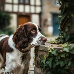 Springer Spaniel Inglés 5 Springer Spaniel Inglés observando una fuente de piedra cubierta de hiedra.