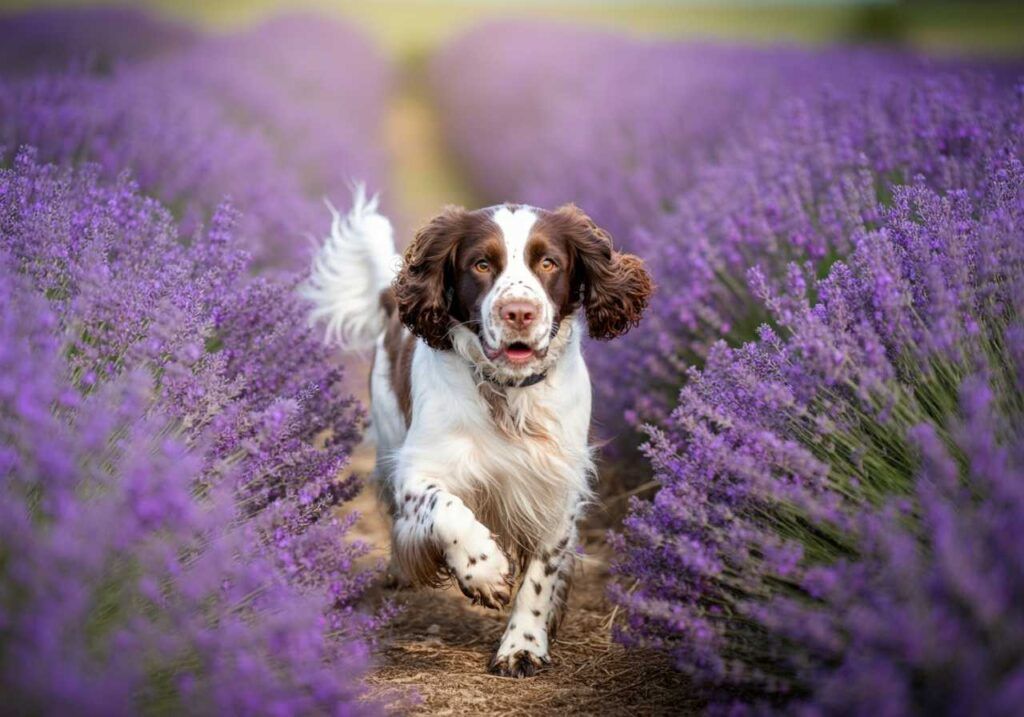 Springer Spaniel Inglés 11 Springer Spaniel Inglés corriendo entre campos de lavanda en flor.