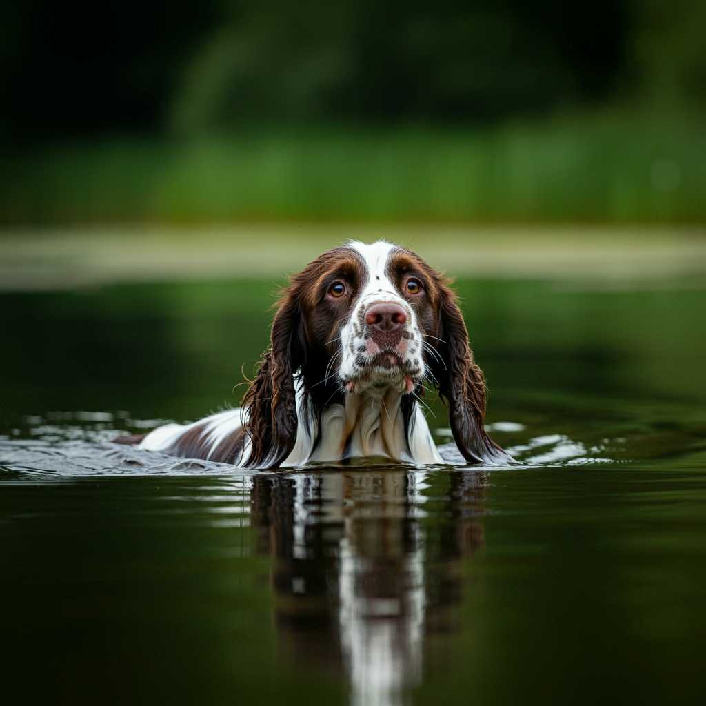 Springer Spaniel Inglés 6 Springer Spaniel Inglés nadando en un lago tranquilo.