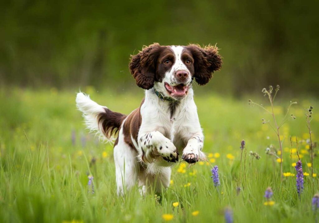 Springer Spaniel Inglés 7 Springer Spaniel Inglés corriendo por un prado lleno de flores.