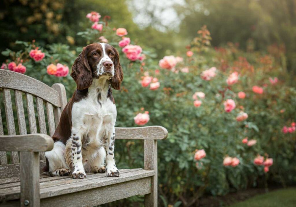 Springer Spaniel Inglés 3 Springer Spaniel Inglés sentado en un banco de madera junto a rosales en flor.