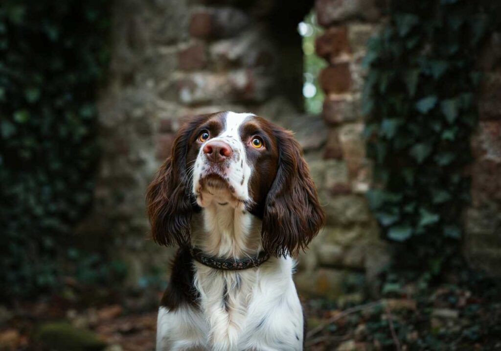 Springer Spaniel Inglés 10 Springer Spaniel Inglés sentado frente a unas antiguas ruinas de piedra.