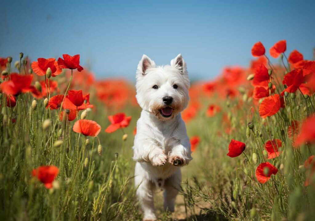 West Highland White Terrier corriendo entre un campo de amapolas rojas.