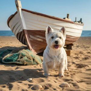 West Highland White Terrier posando junto a un barco pesquero en la playa.