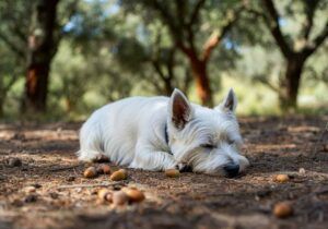 West Highland White Terrier dormido rodeado de bellotas en un bosque.