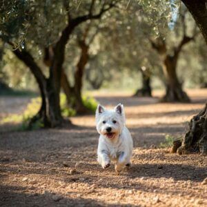 West Highland White Terrier corriendo entre los árboles de un olivar.