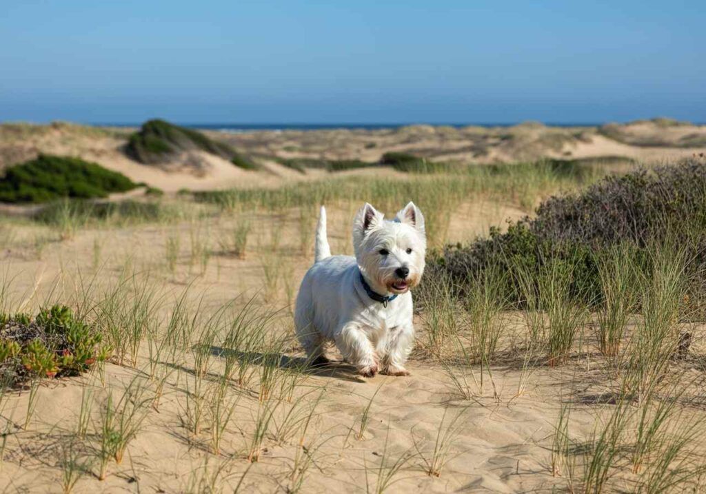 West Highland White Terrier explorando las dunas cerca de la playa.