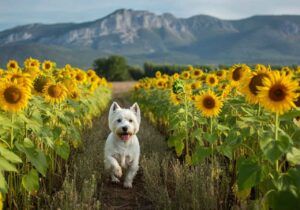 West Highland White Terrier corriendo entre campos de girasoles.
