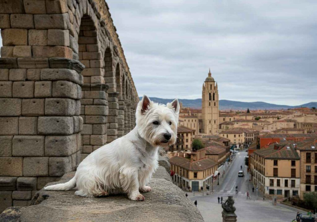West Highland White Terrier sentado frente a un lugar histórico.