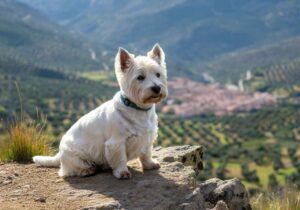 West Highland White Terrier sentado en una roca con vistas a un pueblo.