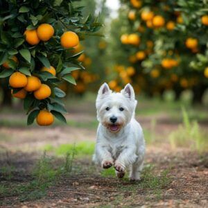 West Highland White Terrier corriendo entre naranjos llenos de frutas.