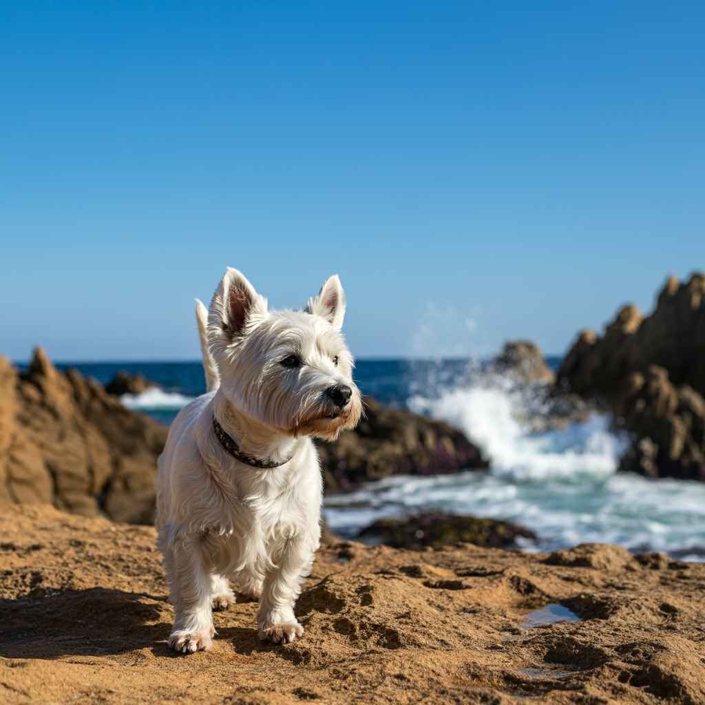 West Highland White Terrier contemplando el mar en una playa rocosa.