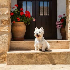 West Highland White Terrier sentado en un portal rodeado de macetas con geranios.