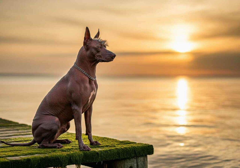 Xoloitzcuintle 7 Xoloitzcuintle sentado en un muelle al atardecer.