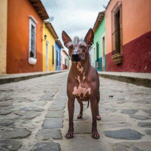 Xoloitzcuintle 2 Xoloitzcuintle caminando por una calle con casas coloridas.