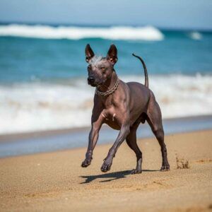Xoloitzcuintle 4 Xoloitzcuintle corriendo en la playa.