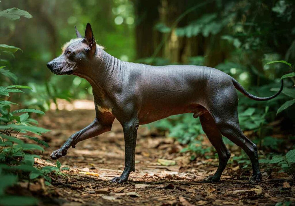 Xoloitzcuintle 1 Xoloitzcuintle caminando en un sendero del bosque.