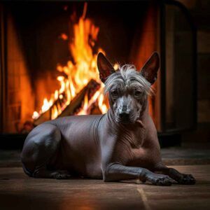 Xoloitzcuintle 5 Xoloitzcuintle descansando frente a una chimenea encendida.