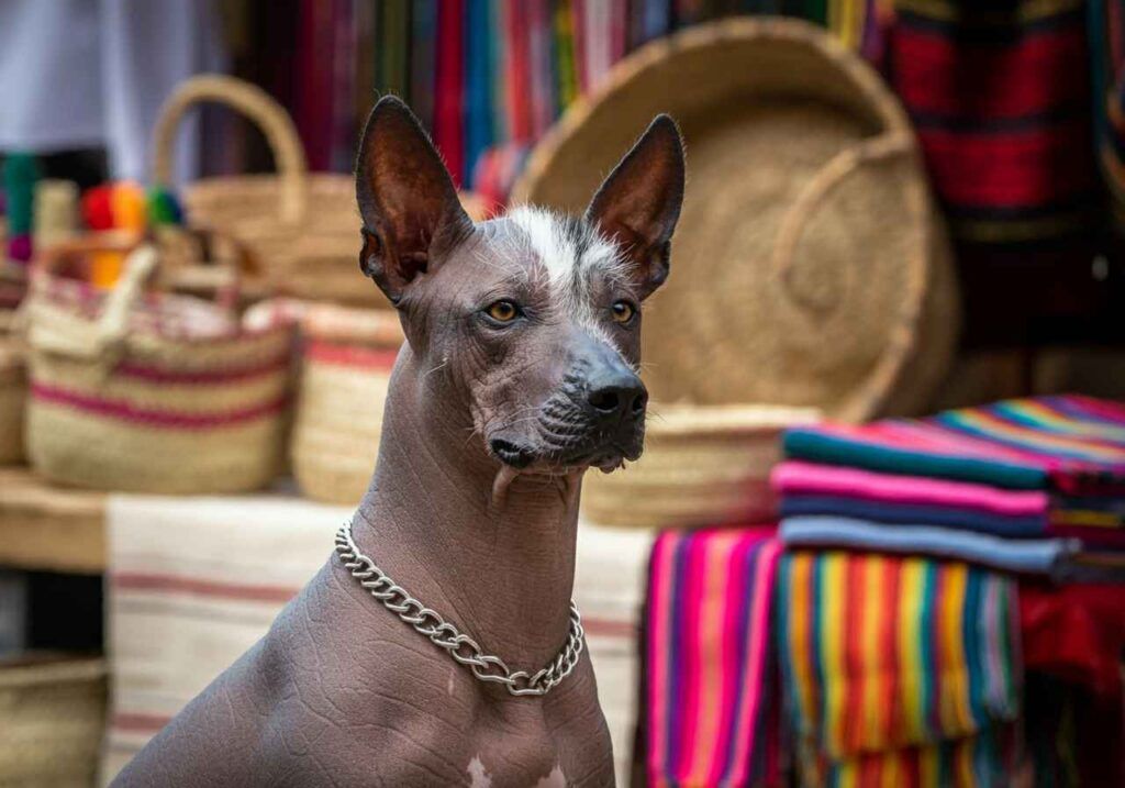 Xoloitzcuintle 6 Xoloitzcuintle en un mercado con artesanías y textiles.