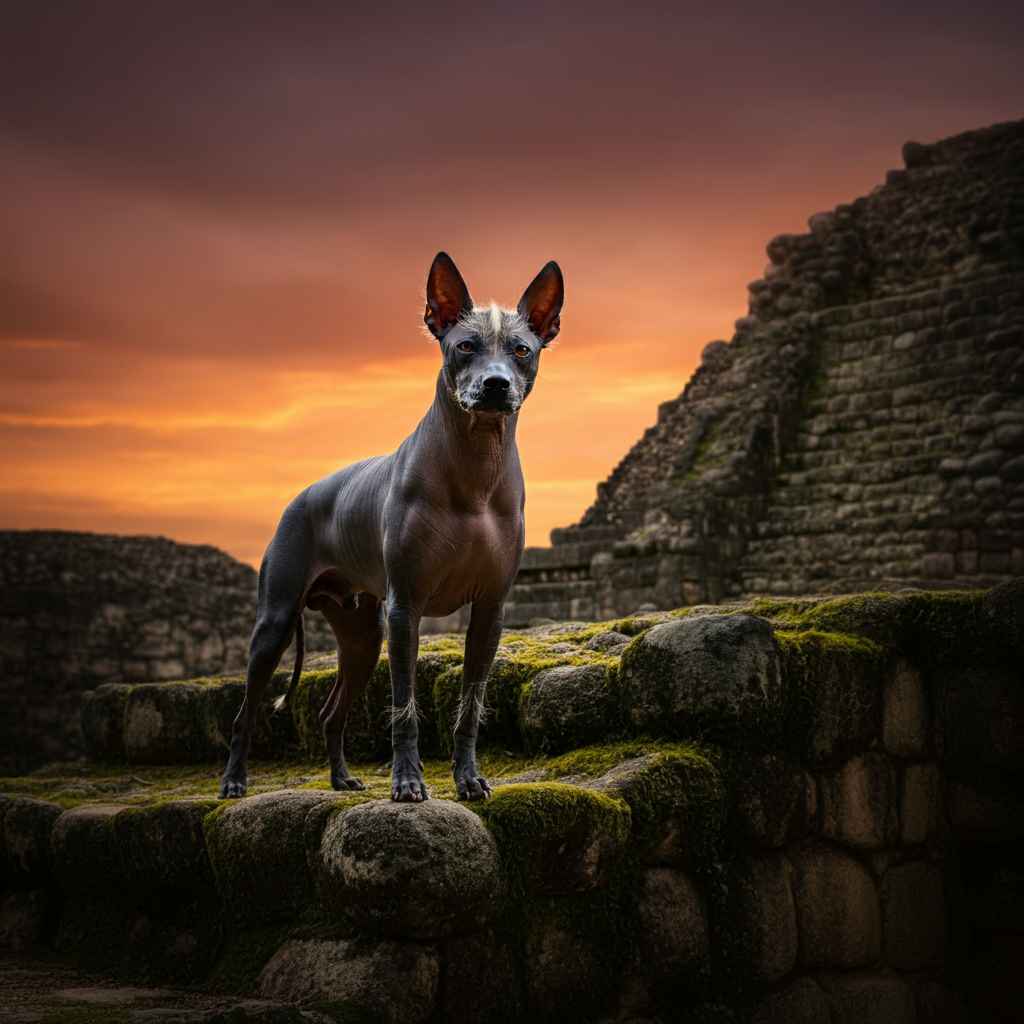 Xoloitzcuintle 3 Xoloitzcuintle posando en unas ruinas al atardecer.