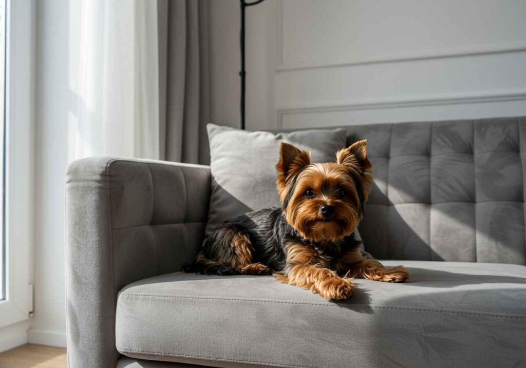 Las razas de perro más populares en España del 2025 1 Yorkshire Terrier descansando en un sofá gris en una sala de estar iluminada.