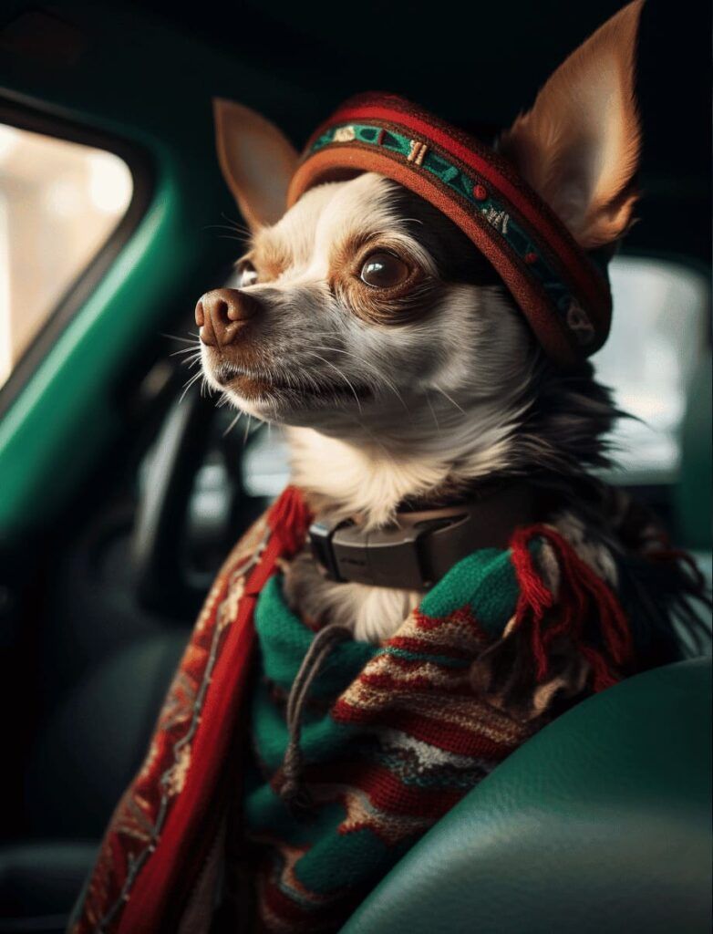 Cómo llevar al perro en el coche de forma segura y cómoda 4 Chihuahua con sombrero y bufanda en un coche.