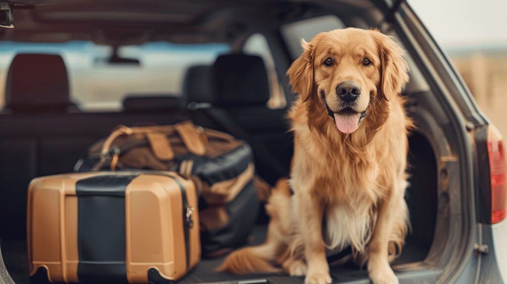 Cómo llevar al perro en el coche de forma segura y cómoda 2 Perro Golden Retriever listo para viajar con equipaje en un coche.