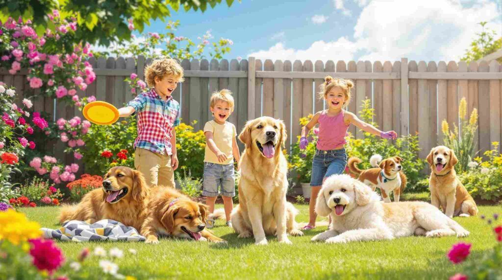 Las mejores razas de perros para familias con niños 1 Niños jugando con perros en un jardín soleado, rodeados de flores. Imagen representando la convivencia ideal entre mascotas y familias con niños.